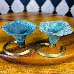 Brass Flower Candleholders Patinated Blue Finish Made in India Pair